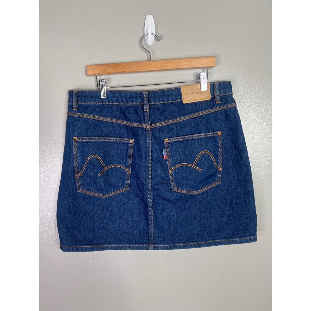 Farm Rio Dark Wash Denim Button Front Mini Skirt Gold Hardware Size 31 - Picture 9 of 10